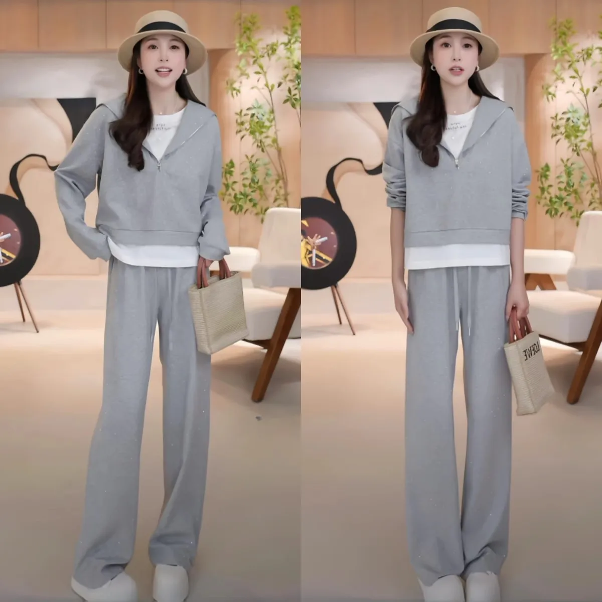 

Spring 2025 Faion Spor Casual Anti-Aging Glitter Sweatirt Wide Leg Pants Two-Piece Set Chic Workwear for Middle-Aged Women