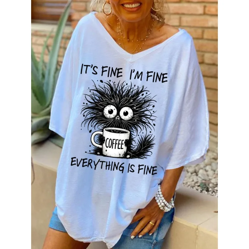 ilstile Women's Everything is Fine Cat Print T-Shirts Summer Short Sleeve Casual Loose T Shirt V Neck Long Tops White Black