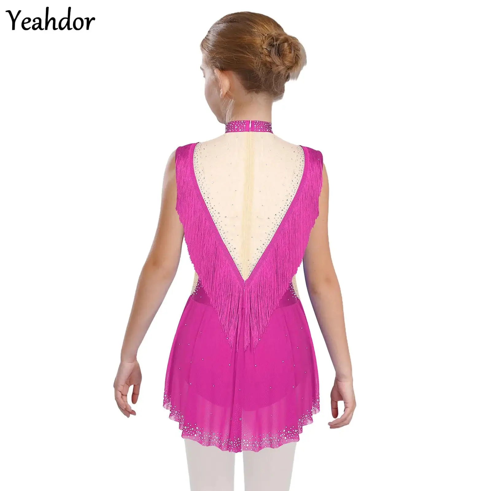 여자 체조 발레 저지 피겨 아이스 스케이팅 댄스 레오타드 의상 민소매 라인스톤 태슬 스커트 바디수트 댄스웨어