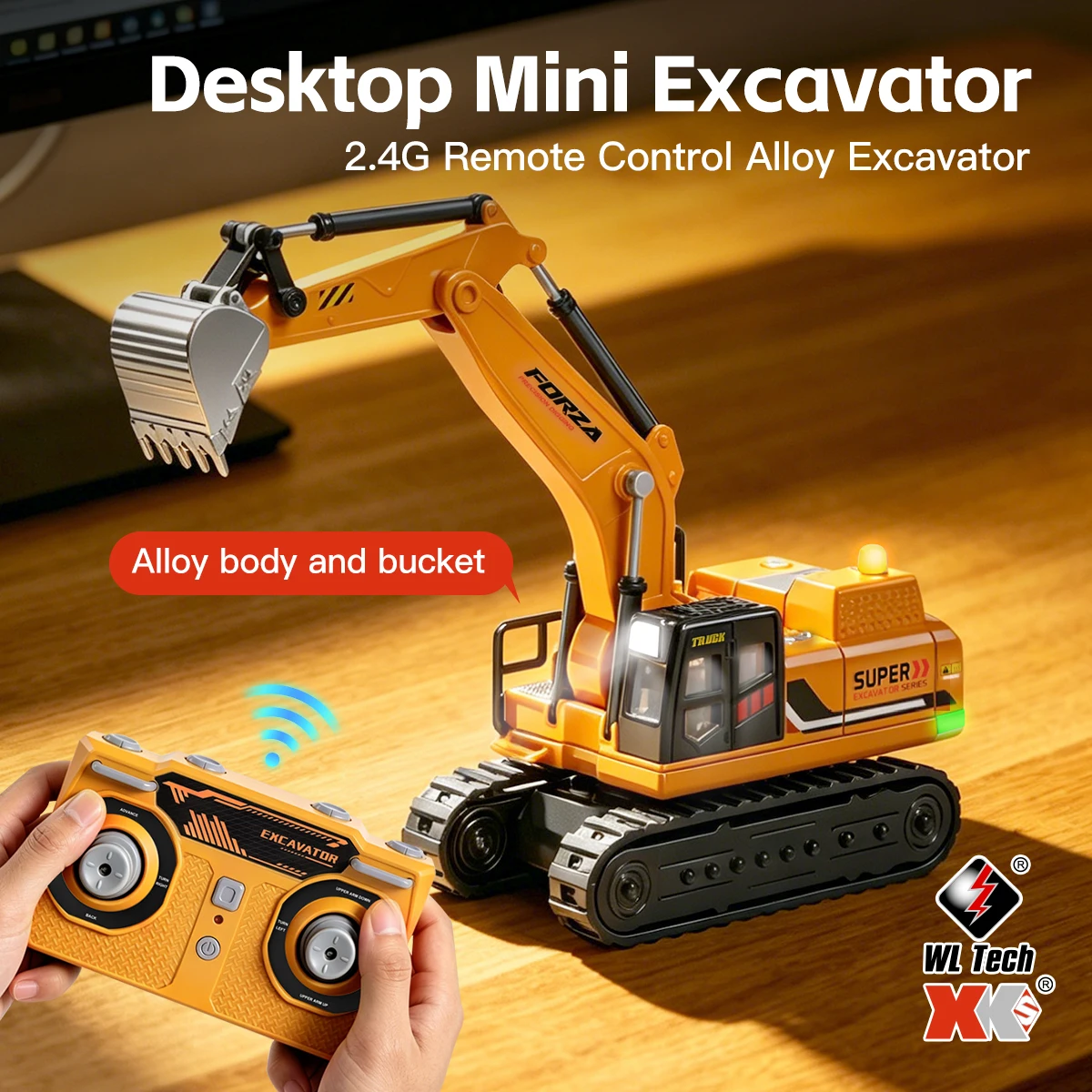 Alloy Bucket 1:64 RC Mini Excavator 2.4Ghz Remote Control Digger Dual Speed Color Light 340° Spin Engineering Vehicle Toy