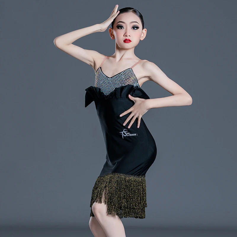 

Shiny Diamond Fringed Latin Dance Dress Chidren Latin Dance Performance Dresses Girls Professional Salsa Dance Dress SL6955