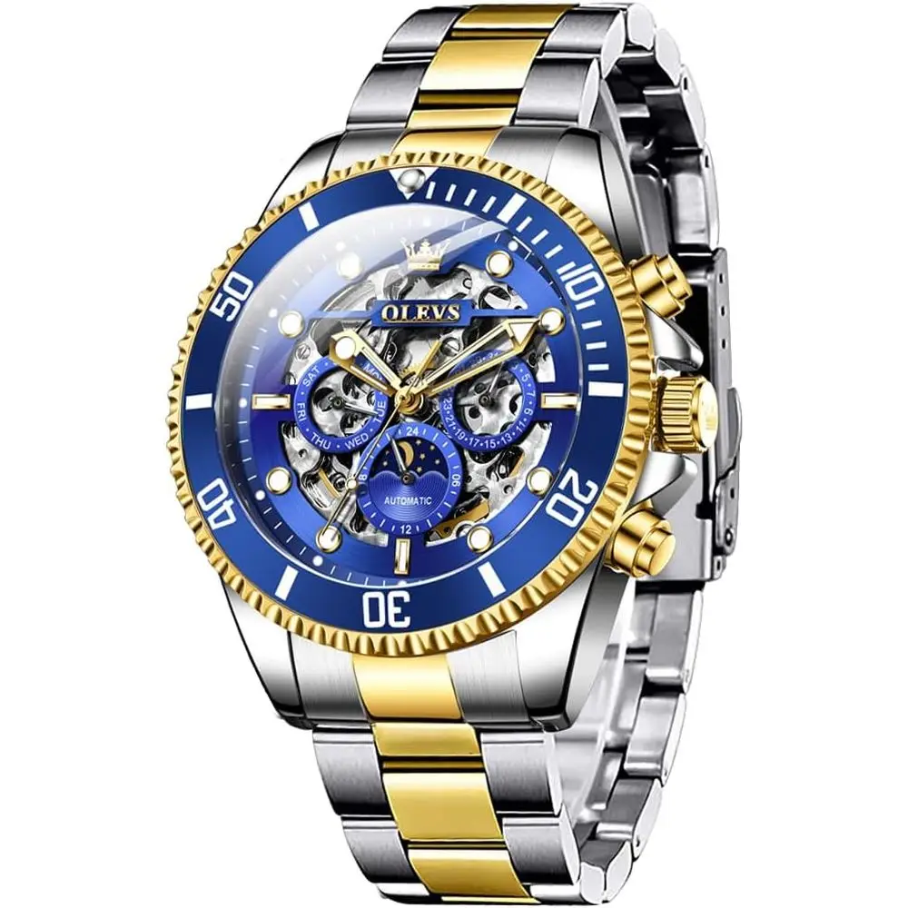 

Мужские автоматические механические часы OLEVS, роскошные наручные часы с бриллиантами, черные, с автоподзаводом, скелетонизированный циферблат, турбийон, из нержавеющей стали