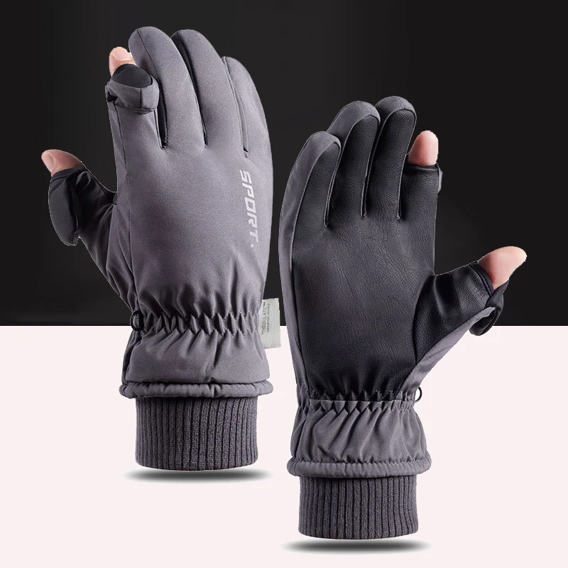 Winter Fishing Gloves Men Water Repellent Thicked Warm Two-Fingers Cut Outdoor Skiing Snowboarding Cycling Gloves Touchscreen