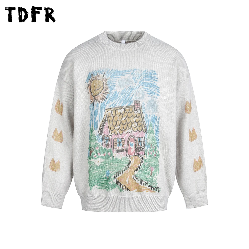 Graffiti Print Sweater Mens Autumn Winter Retro Casual Loose Long Sleeve Crew Neck Knitted Pullover Man