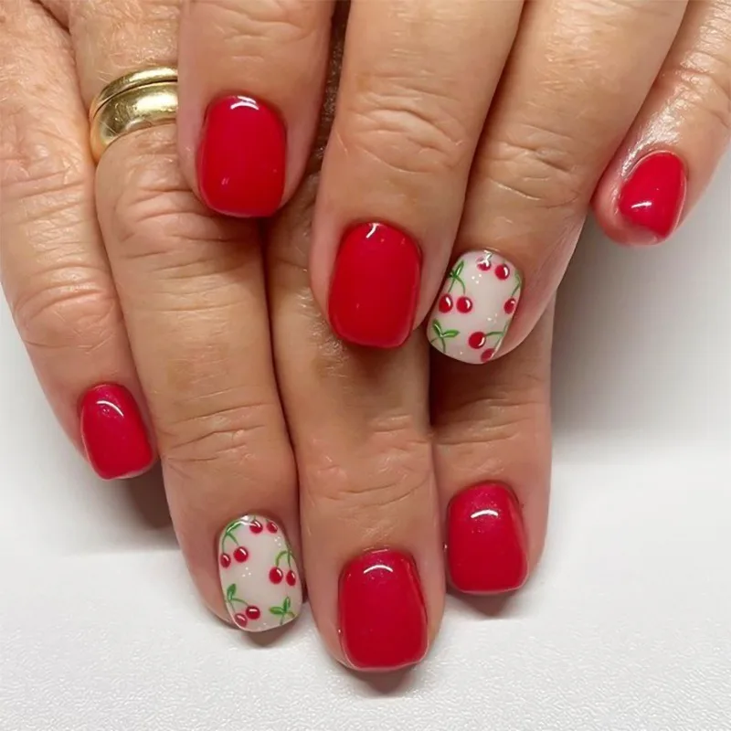

24pcs Wearable Press on Nails Sets Simple Red Cherry False Nail Short Round Full Cover Nail Tips Fashion Ins Fake Nails Art