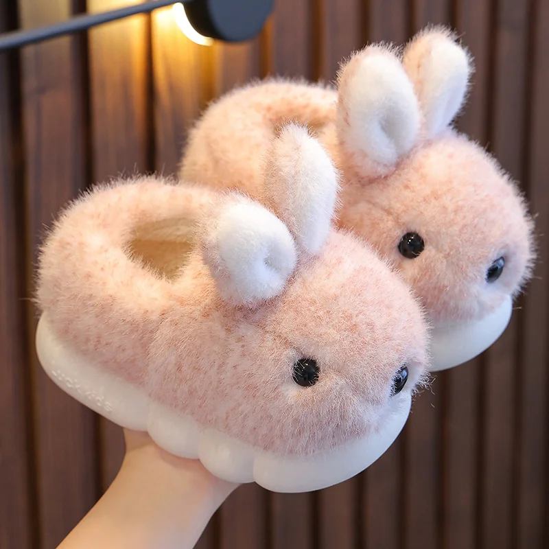 New Rabbit Cartoon Kids Home Cotton Shoes Winter 3D Plush Slippers For Boys Girls Warm Soft Bottom Floor Children Slippers