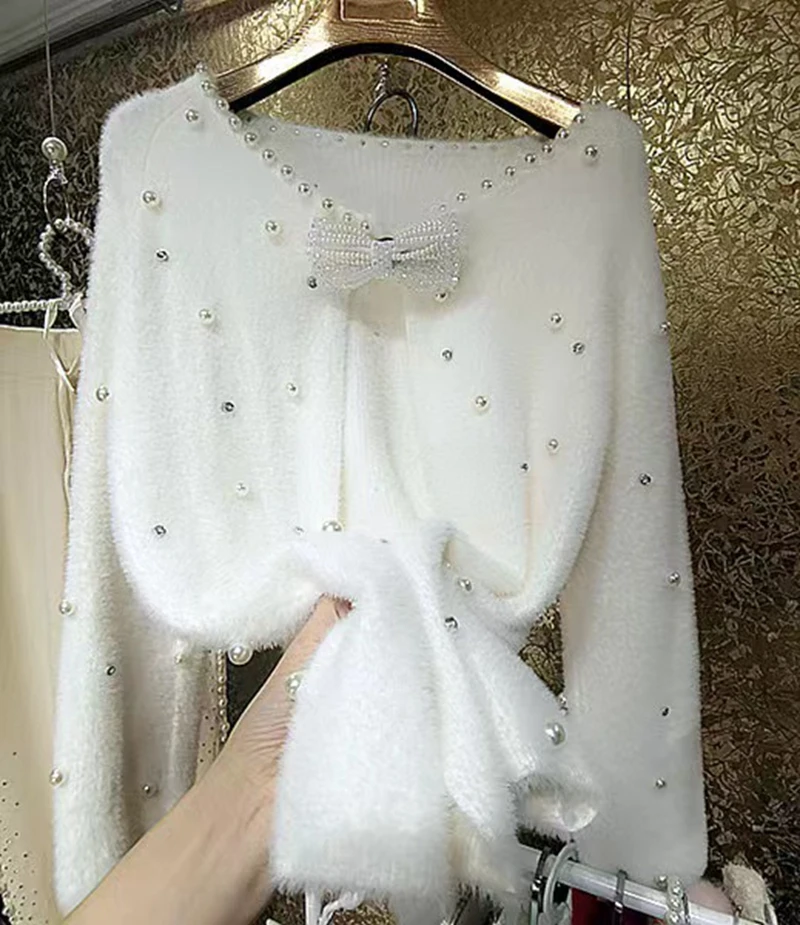 Luxury Style Autumn Winter Sweater Rhinestone Bow Decoration Full of Pearl Beaded Knitted Mink Coat Cardigan Sweater for Women