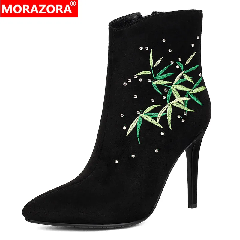 MORAZORA Size 34-43 Ins Fashion Faux Suede Ankle Boots For Women Shoes Zipper Autumn Winter Pointed Toe Party Wedding Shoes