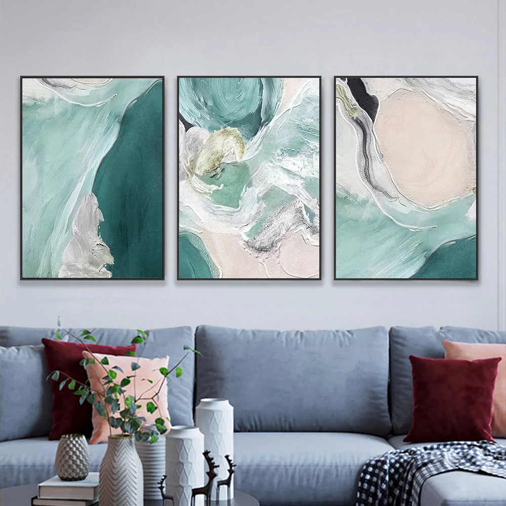 Set of 3 Turquoise Abstract Canvas Wall Art Prints 3-Piece Large Wall Decor Set Contemporary Art Style Posters Living Room Decor