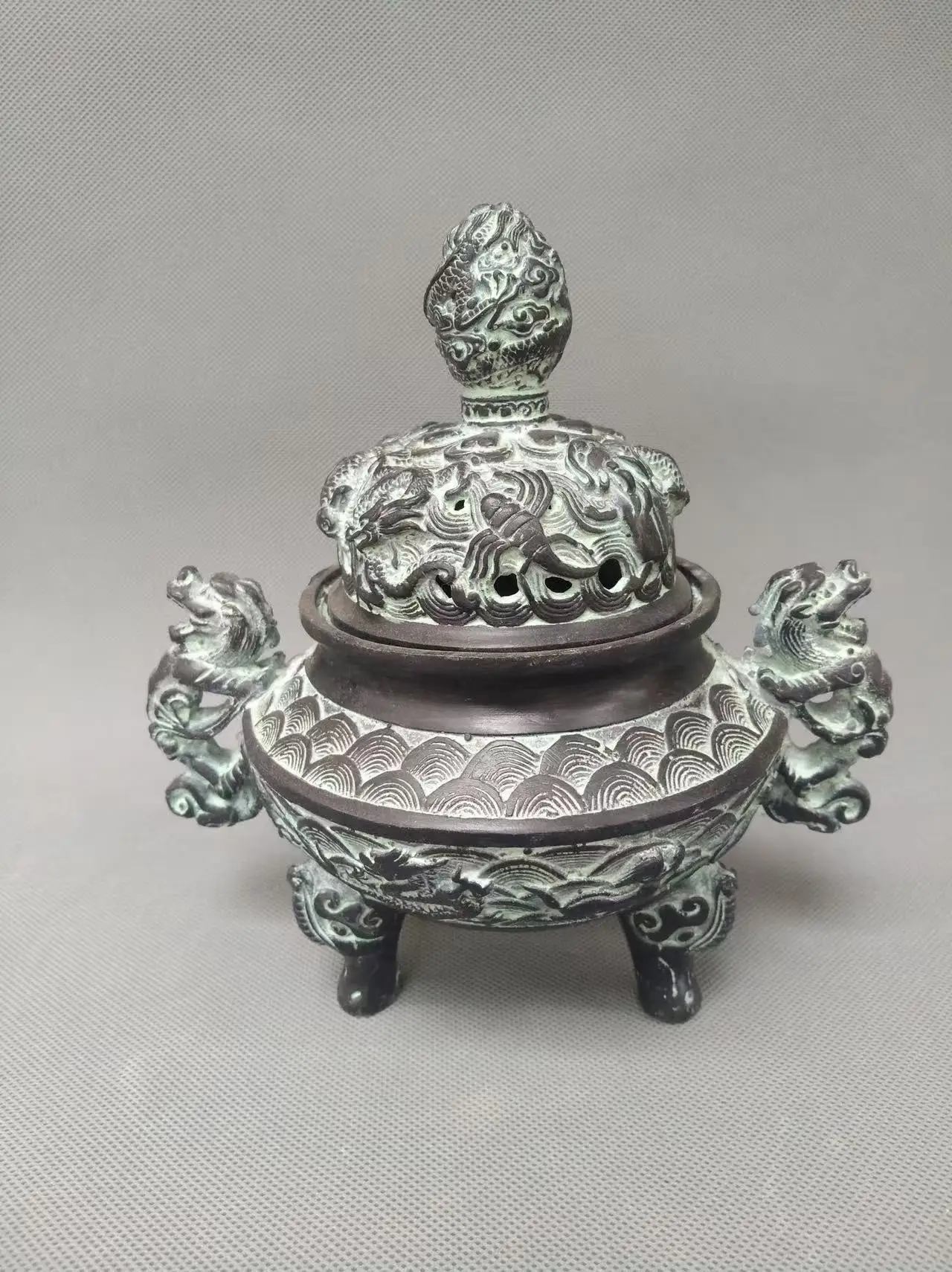 

Rare Old Han Dyansty(25---186) Bronze round dragon tripod statue,best collection&adornment,free shipping