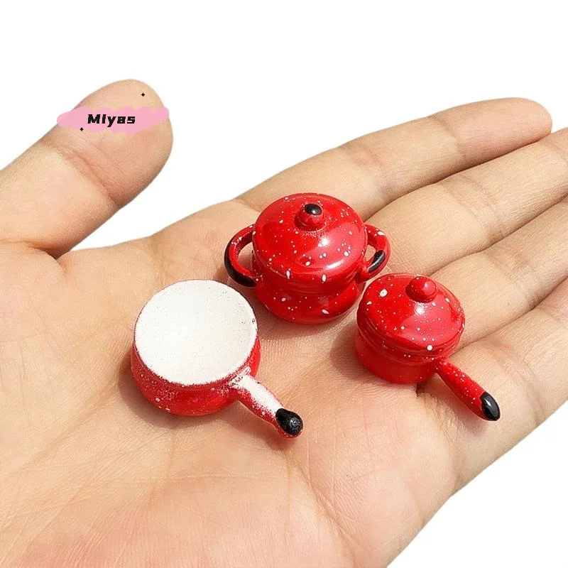 3개 세트 미니어처 인형집 빨간 냄비 모델 1/12 주방 장면 장식 시뮬레이션 인형집 주방용품 역할 놀이 장난감 어린이용