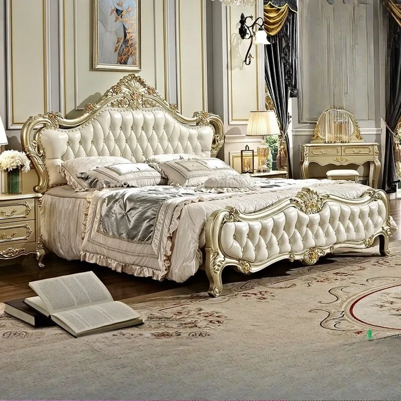 

Solid wood leather bed French engraved champagne gold bedroom furniture wedding bed luxury 1.8 meters bed