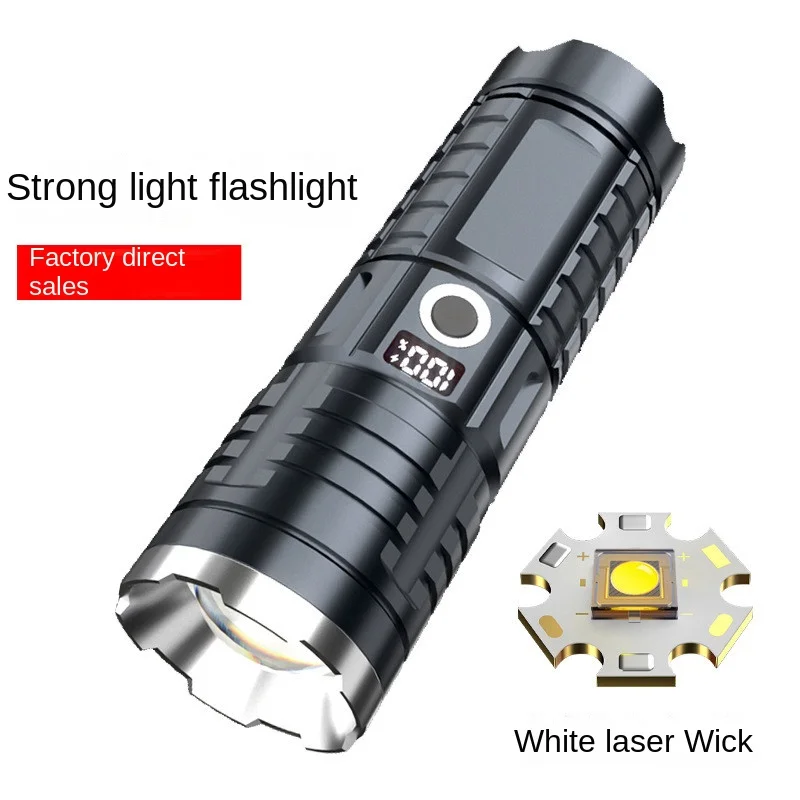 Super Strong Light Long-Range Rechargeable Outdoor Patrol Spotlight Zoom Large Floodlight With Digital Display Laser Flashlight