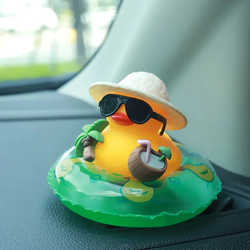 A Summer Duck Cart DIY Decoration Featuring a Tropical Beach Dashboard Statue with Coconut and Green Buoy Rings