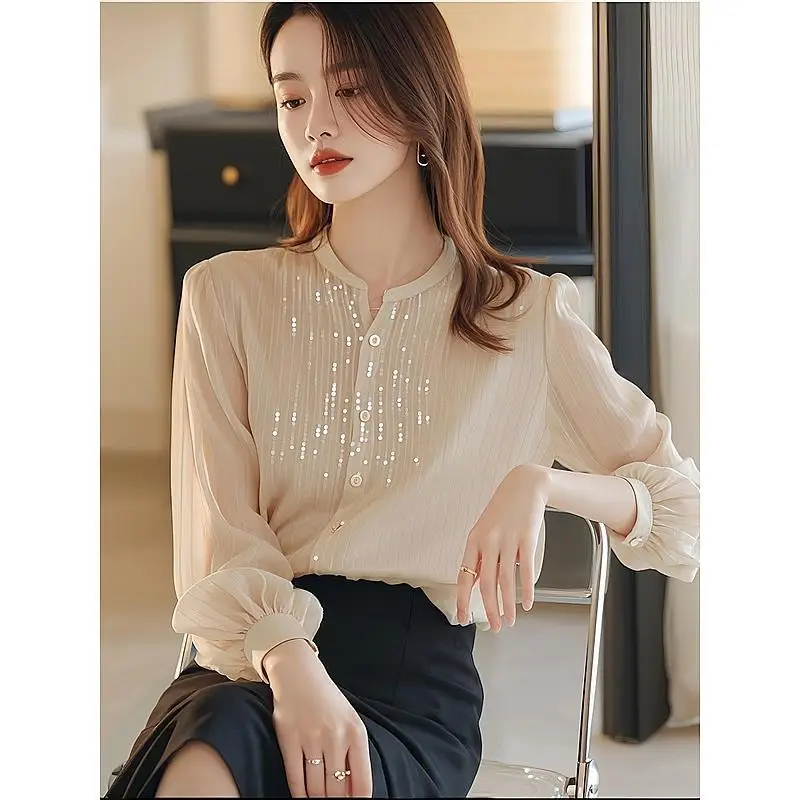 Simplicity Fashion Autumn New Women Solid O-Neck Sequined Single Breasted Temperament Sweet Loose Long Sleeve Chiffon Shirt Tops