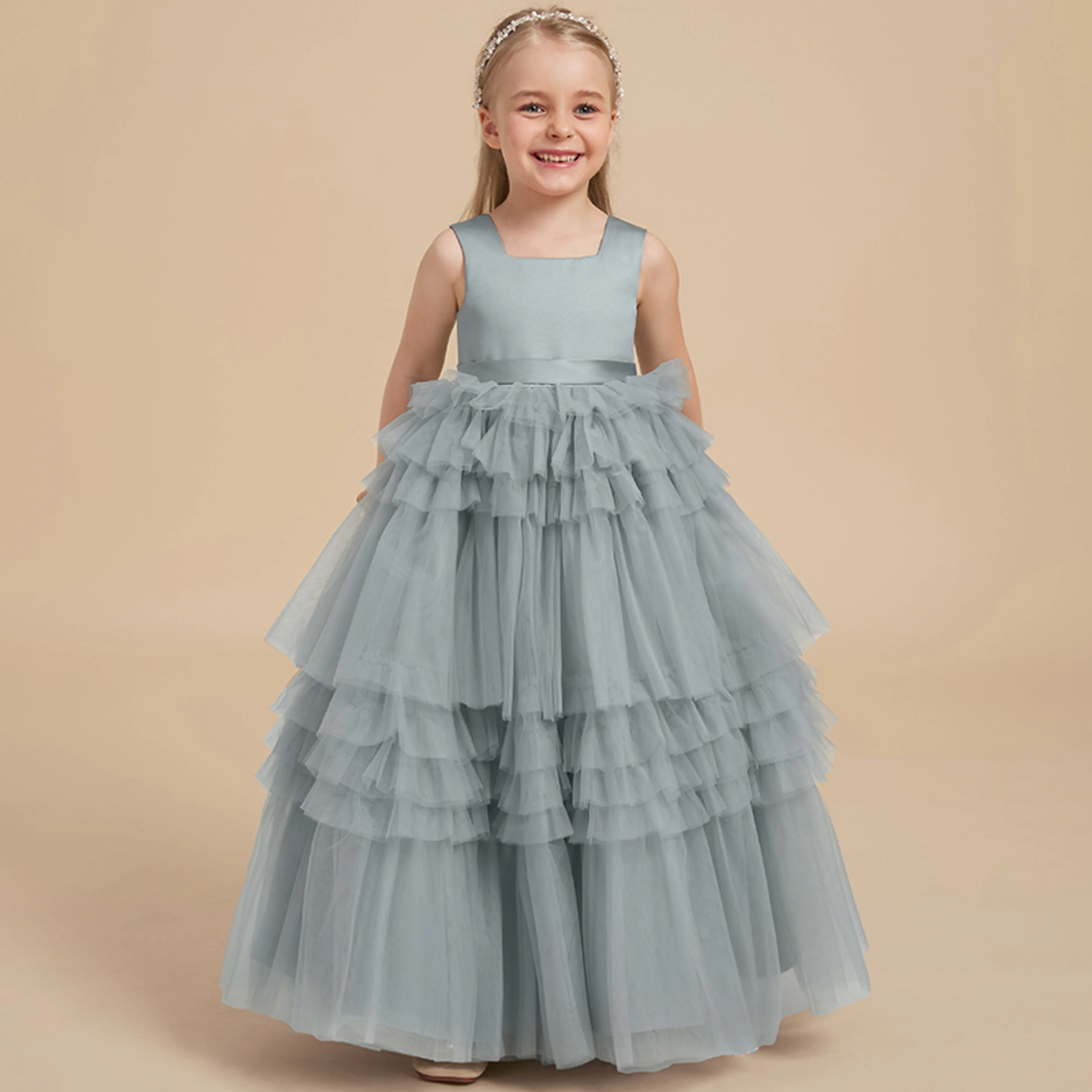 

custom-made satin top flower girl dress multi-layer pleated mesh floor-length skirt 2025 children's communion ceremony New