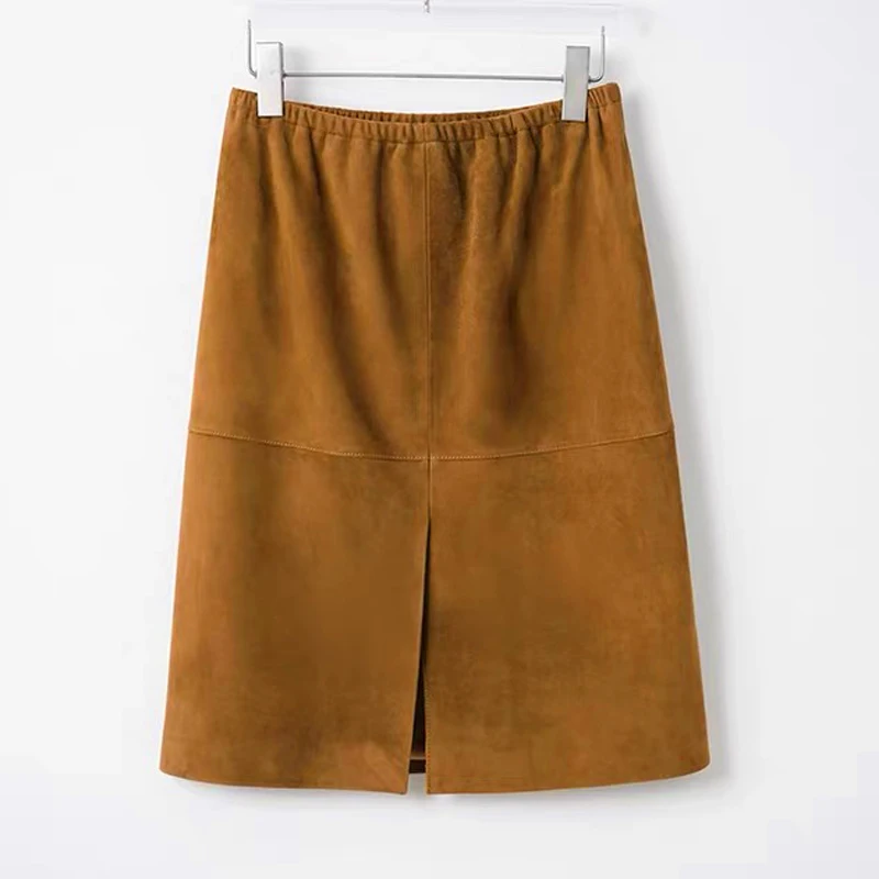 Sheep Suede Leather Skirt for Woman 2026 Winter Minimalist Back Slit Jupe Femme Caramel Straight Above Knee Faldas Midi Skirt