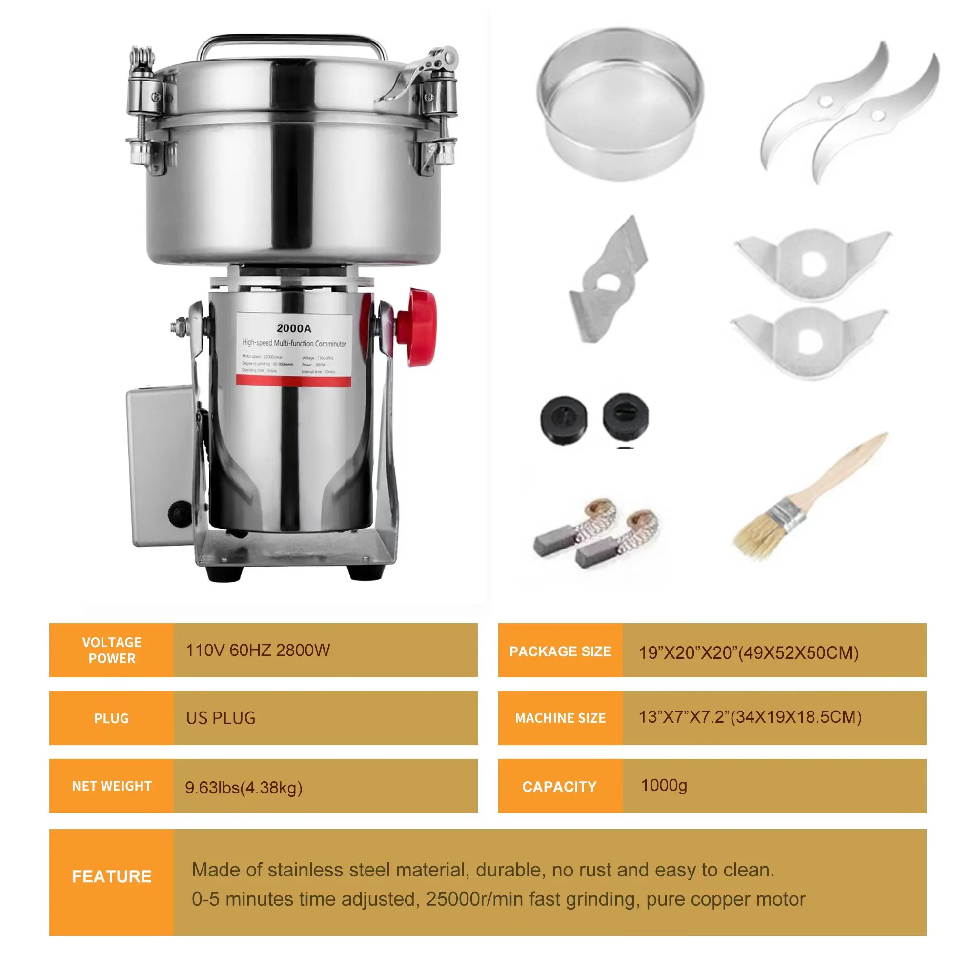 Mvckyi-molinillo de alimentos secos, trituradora de granos con fragancia inteligente de alta velocidad, 220V, 2000g