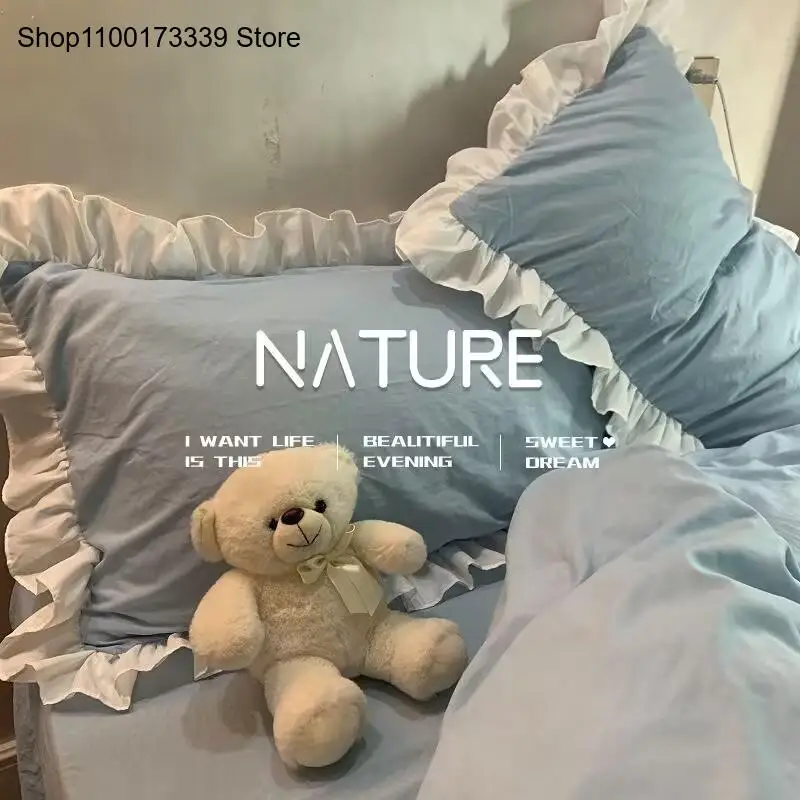 Spring Autumn Bedding Sets with Ruffle Lace Bow Elegant and Simple Color Block Duvet Cover Set Woman Girl Bedroom Decor