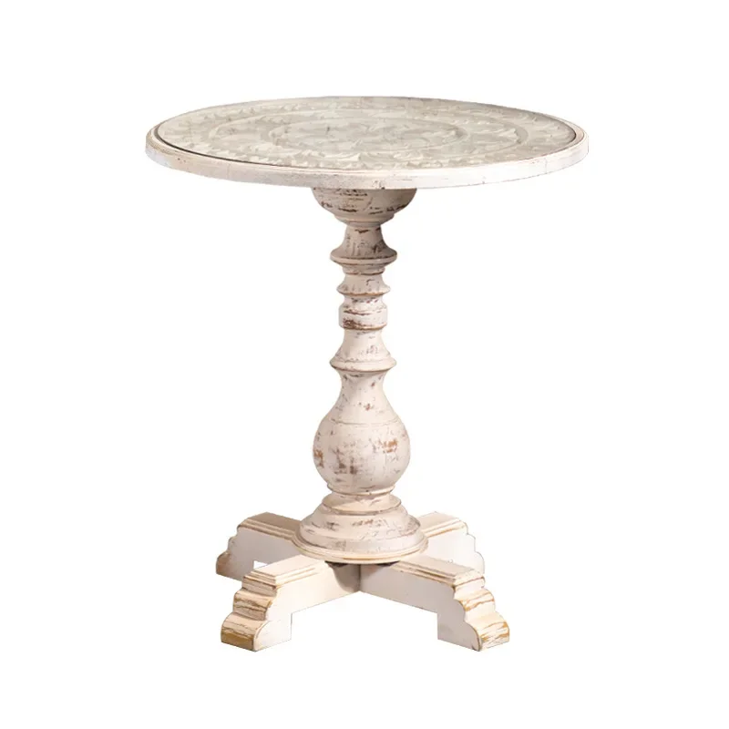 Roman column solid wood sofa edge small round table living room balcony casual round small coffee retro image 5