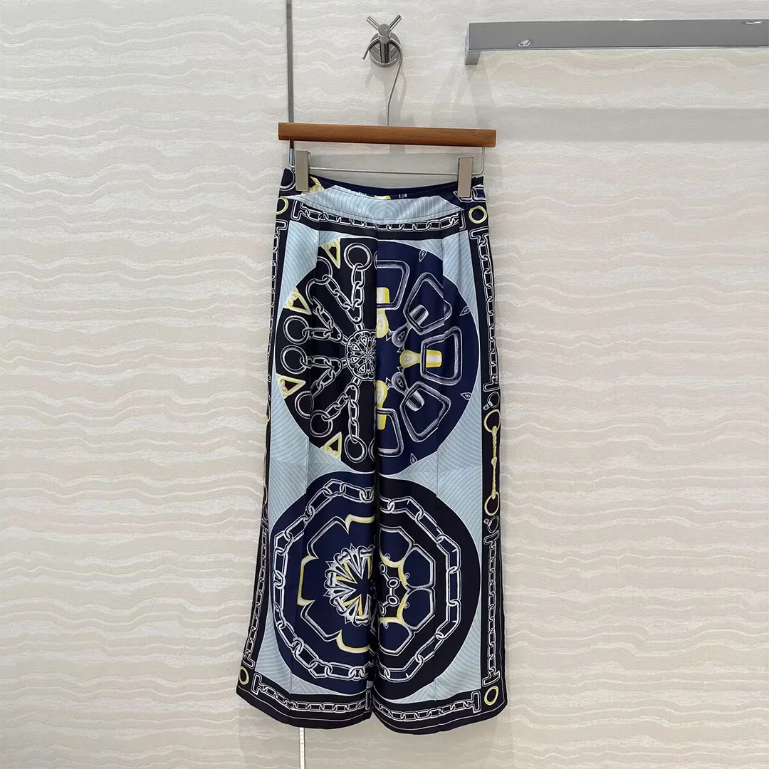 

Новые модные брюки из 100% шелка с геометрическим принтом и цепочками, женские винтажные эластичные брюки с высокой талией, свободные повседневные широкие брюки до щиколотки