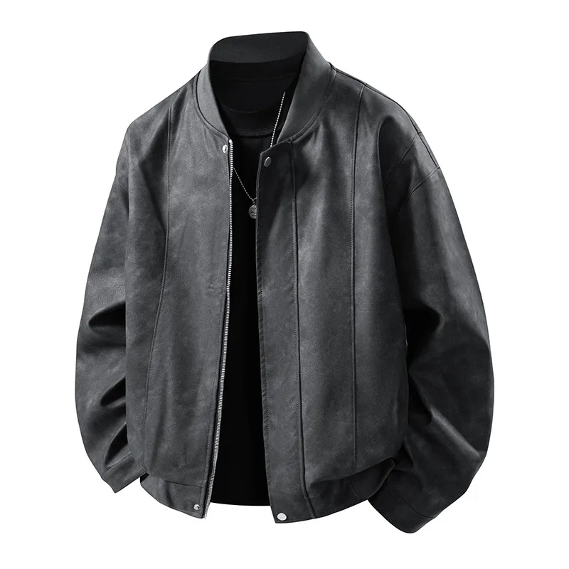 Men Vintage Washed Suede Baseball Jacket Rib Stand Collar Zip Up Snap Button Loose Windproof Casual Streetwear Bomber Outer Coat