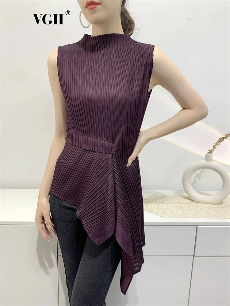 

VGH Temperament Asymmetrical T Shirts Fr Women Round Neck Sleeveless Patchwork Pleated Soild Casual Elegant T Shirt Female New