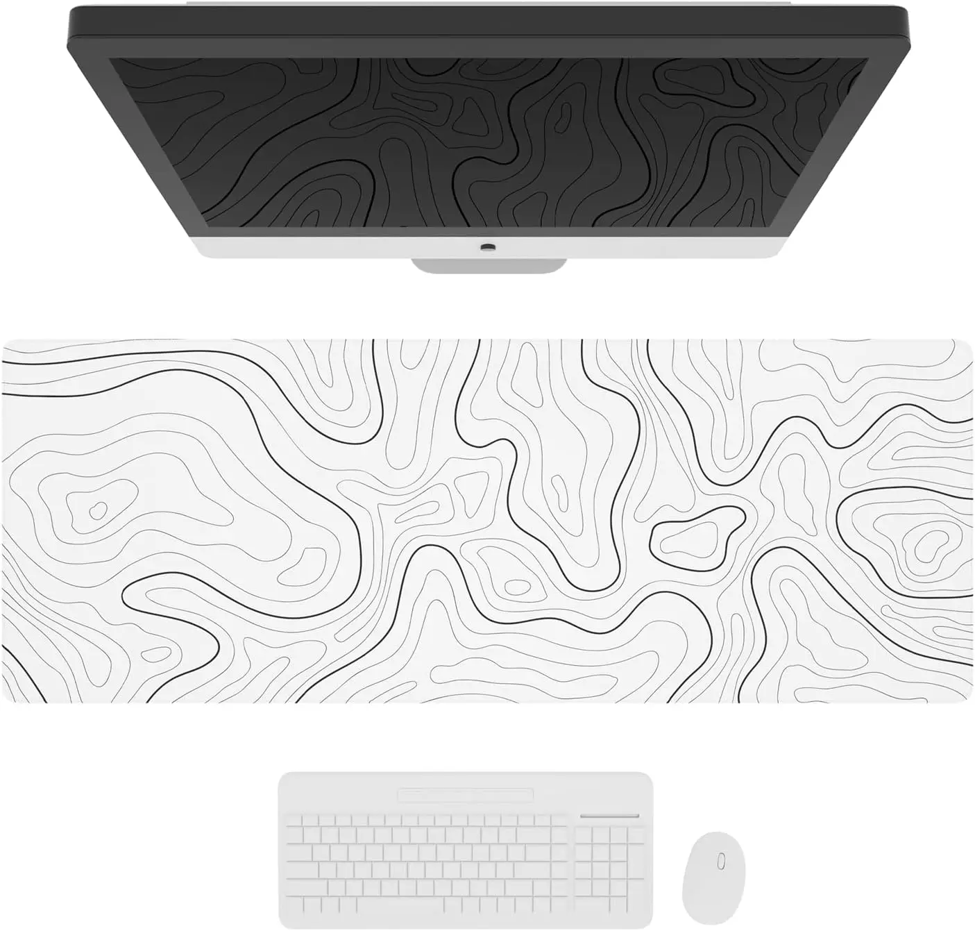White Minimal Topographic Gaming Mouse Pad,Thin Contour Print Smooth Edge Non Slip Mat for Gamers Office Home Wireless Mouse Use