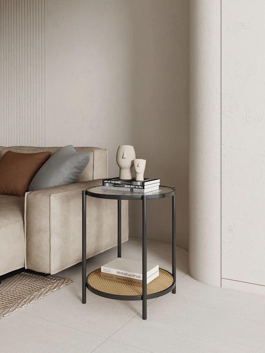 A few luxurious modern minimalist corners near the sofa in the living room, a few wrought iron balcony coffee tables