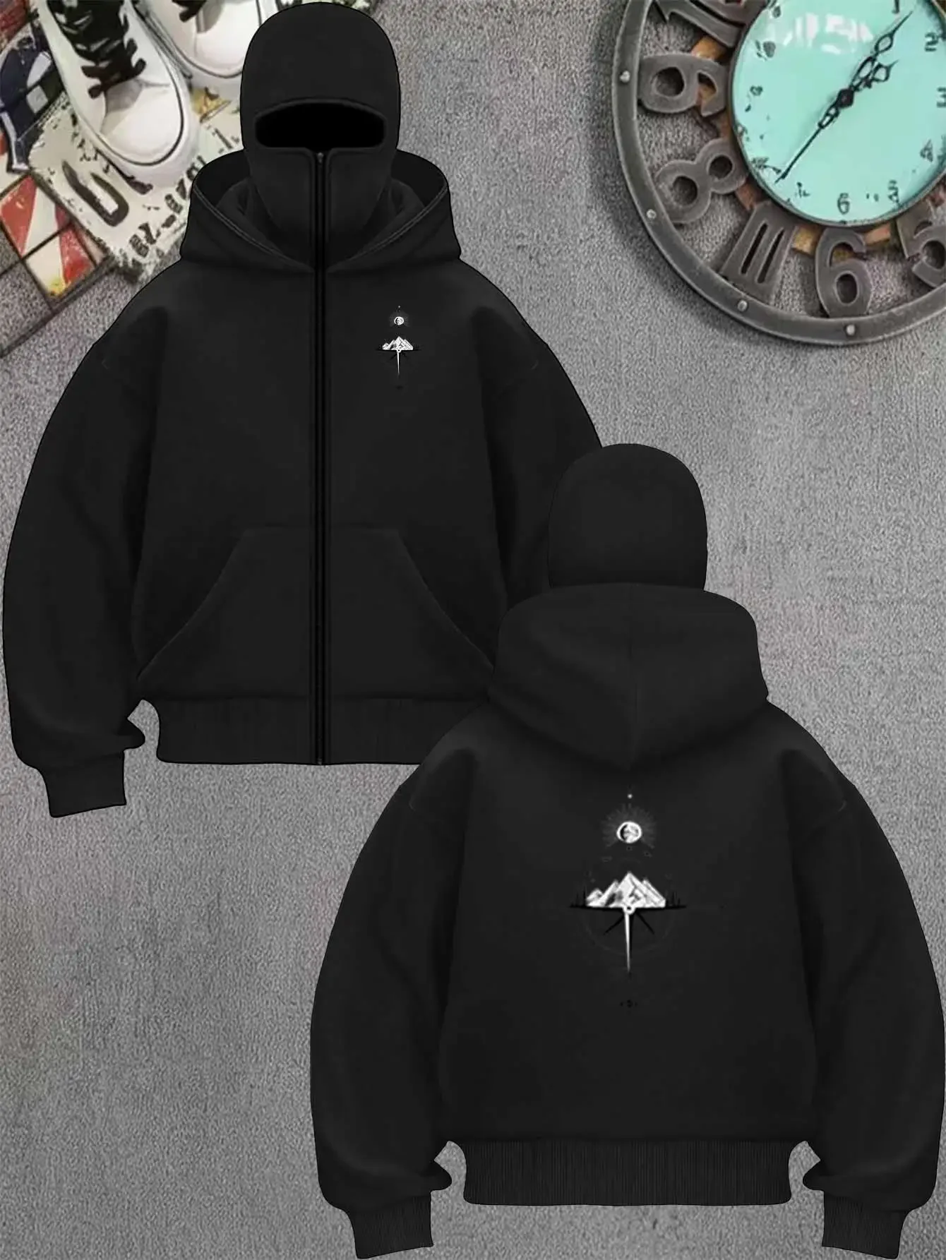 2026 Autumn Men Gothic Harajuku Winter New Item Double Hooded Printed Sweatshirt Men's Hooded Mask Zipper Sportswear
