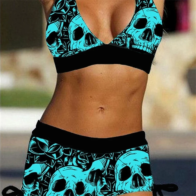 

Square Neck Modest Bikini Set With Skull Print And Boyshorts Western Style Beach Swimwear For Women Halloween Party Gothic