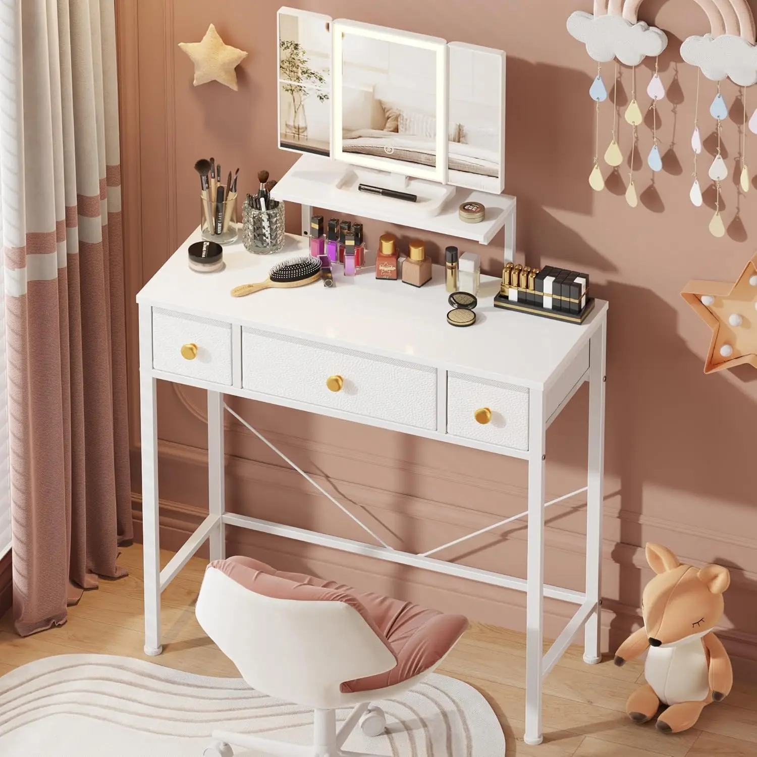 

Small Vanity Desk with Mirror & Lights, 3 Drawers, Adjustable Height for Girls Gifts & Small Spaces