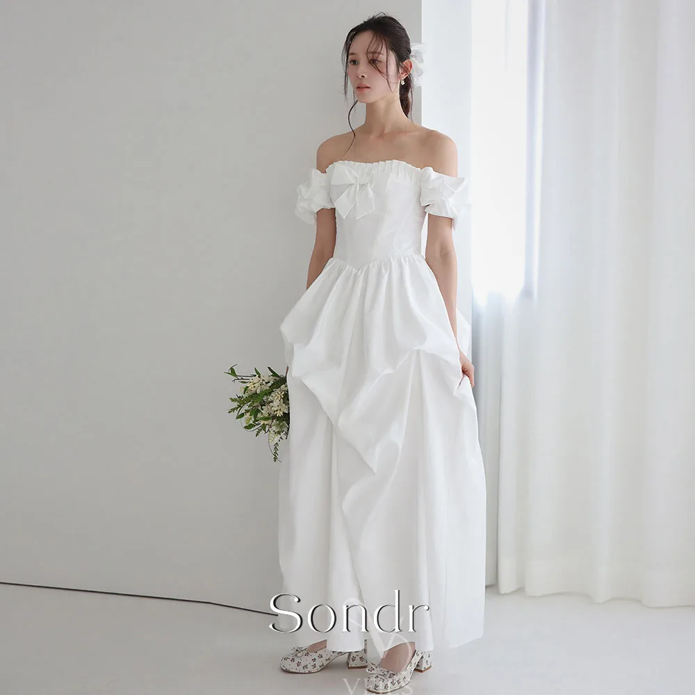 Sondr Elegant Pleated Soft Satin Wedding Dress Off The Shoulder 2026 Ankle Length Bridal Gown Customized A-Line Vestido De Noiva