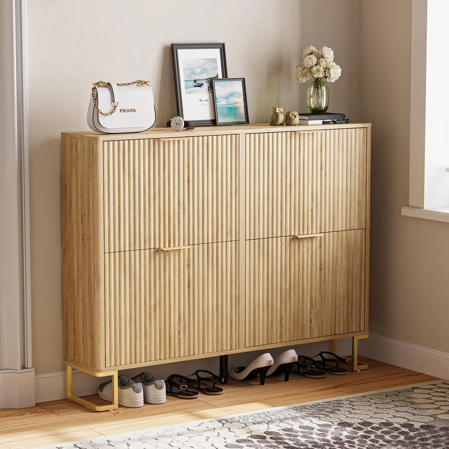 Fluted Fluted Shoe Cabinet with 4 Flip Drawers, Narrow Wood Storage with Metal Legs & Adjustable Shelf for Entryway Hallway, Customized - Aliexpress Deal