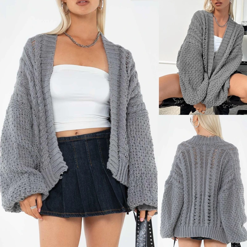 Vintage Grey Knit Cardigan Coat Crochet Long Sleeve Loose Knitwear Ripped Hollow Out Women Sweaters French Trend Streetwear