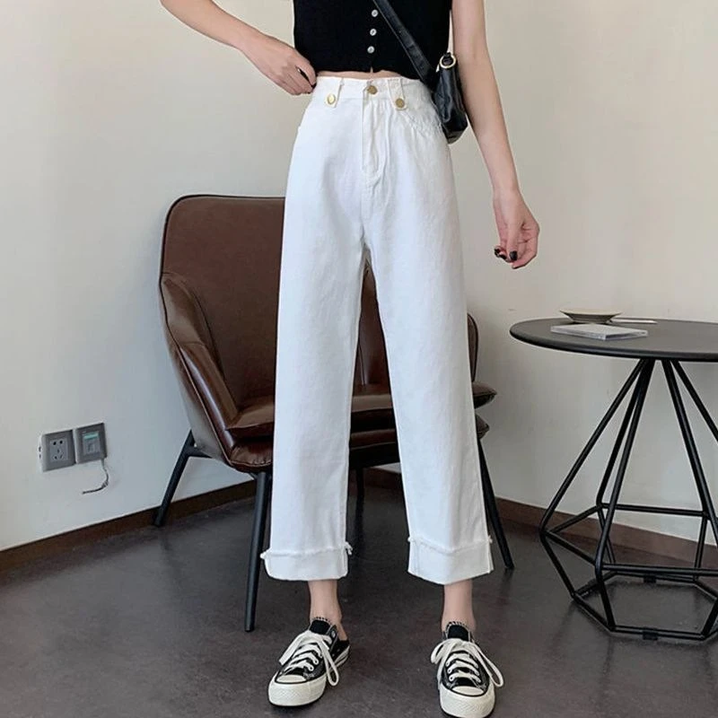2025 Korean Style Women's Jeans | Spring Crystal Washed High Waist Wide Leg Pants, Chic Straight Cut Slim Fit Floor Length