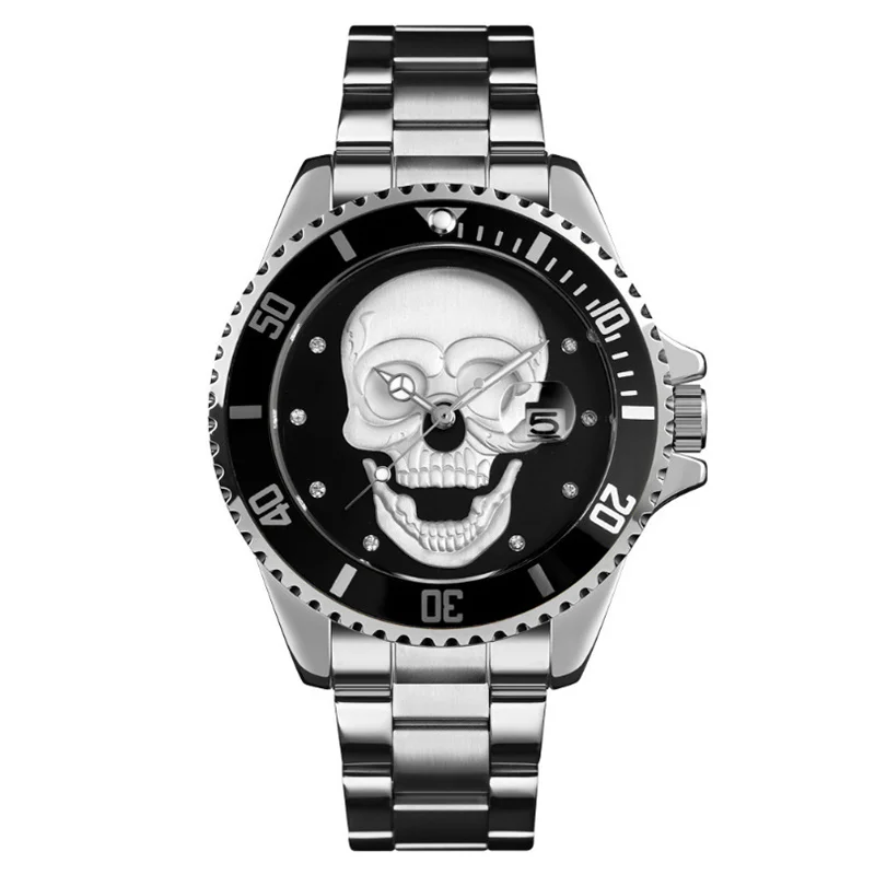 New Fashion Skull Watch Men Skeleton Luxury Stainless Steel Luminous Waterproof Quartz Wristwatches Male Clock Relogio Masculino