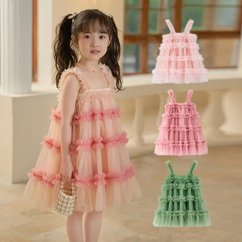 Summer Spaghetti Strap Dress Girl Tutu Skirt Sweet Cute Mesh Puff Skirt Pleated Soft Princess Dress Birthday Party Evening Dress