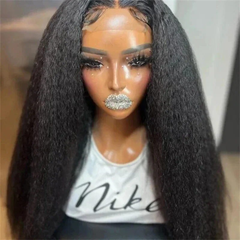 

Long Natural Black 30inch Yaki Kinky Straight Lace Front Wig For Women With Baby Hair Synthetic Preplucked Daily Wig Fashion