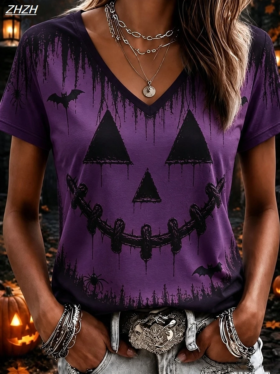 Halloween Women's T Shirt Print Graphic Abstract Vintage Stylish Casual Short Sleeve V Neck Regular