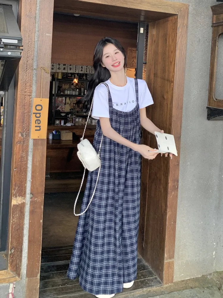 

Новый летний женский комбинезон свободного кроя с широкими штанинами, повседневный, в клетку, с эффектом похудения, удобные брюки-комбинезон