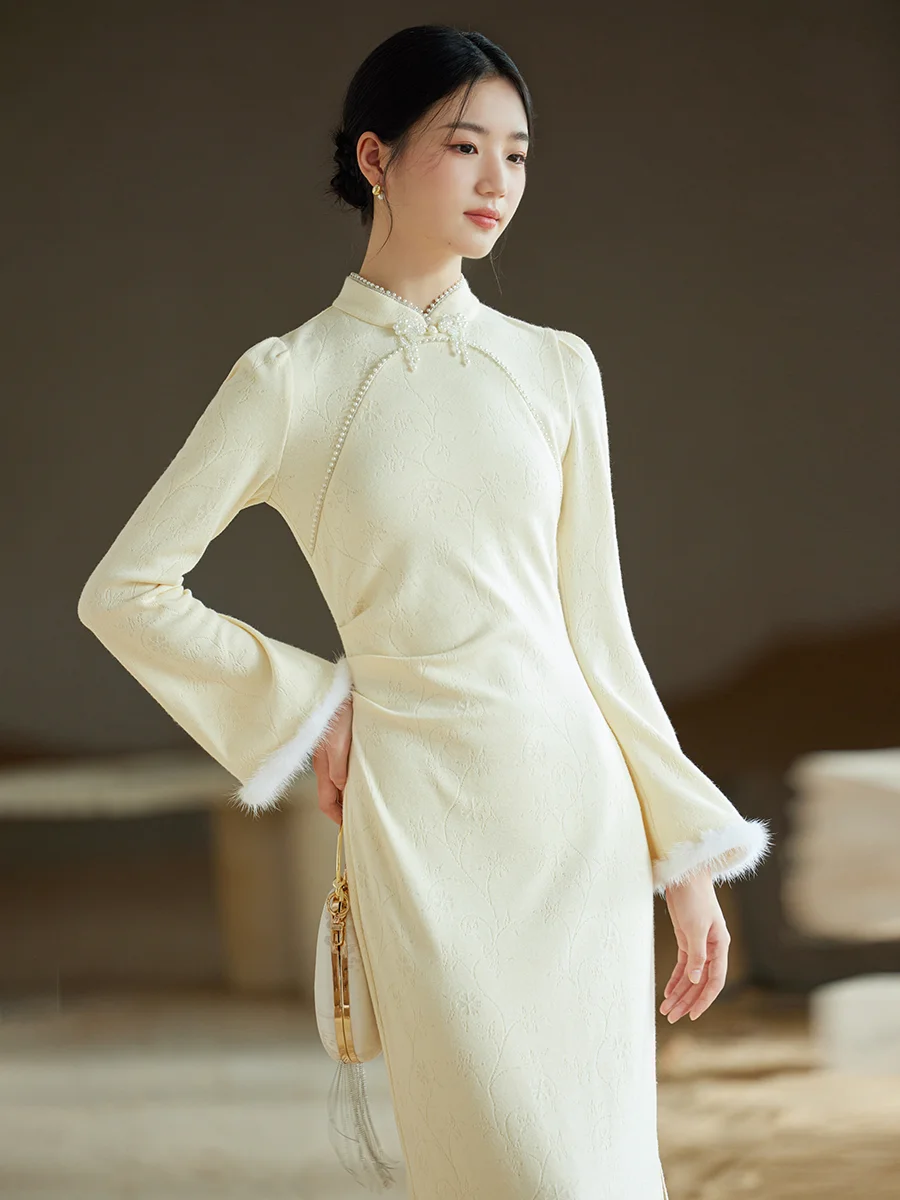 

Вязаное платье-ципао Ele из искусственного меха белки, длинное, в китайском стиле, женское, модное, приталенное, улучшенная версия, с низким разрезом, однотонное