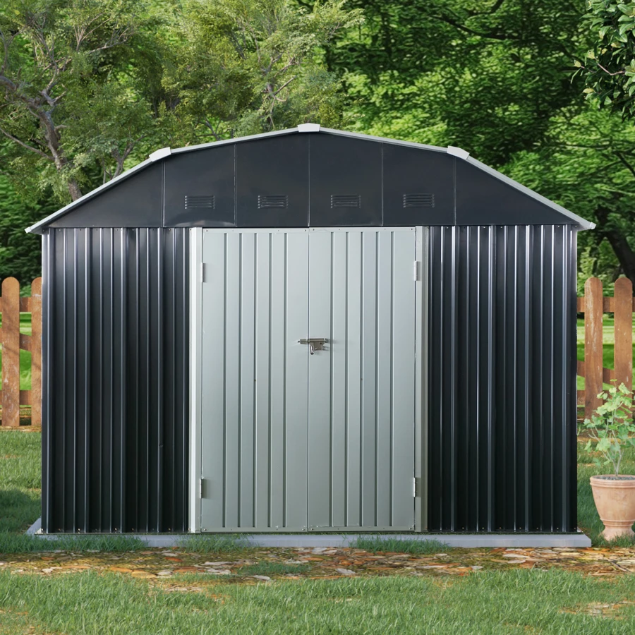 10 ft x 12 ft Outdoor Metal Storage Shed with Arch Roof with Lockable Doors for Backyard Garden Patio Lawn, Black For Garden, B