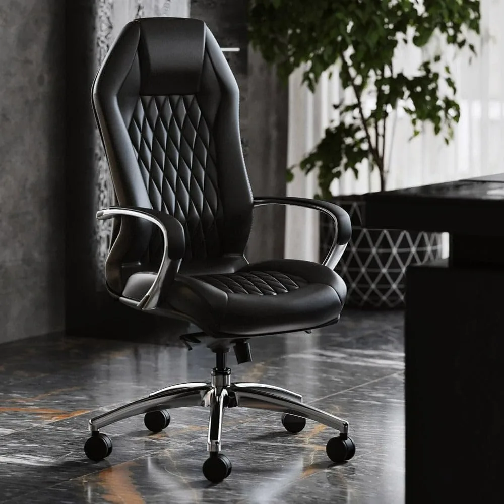 Furniture Modern Ergonomic Sterling Genuine Leather Executive Chair with Aluminum Base- Black