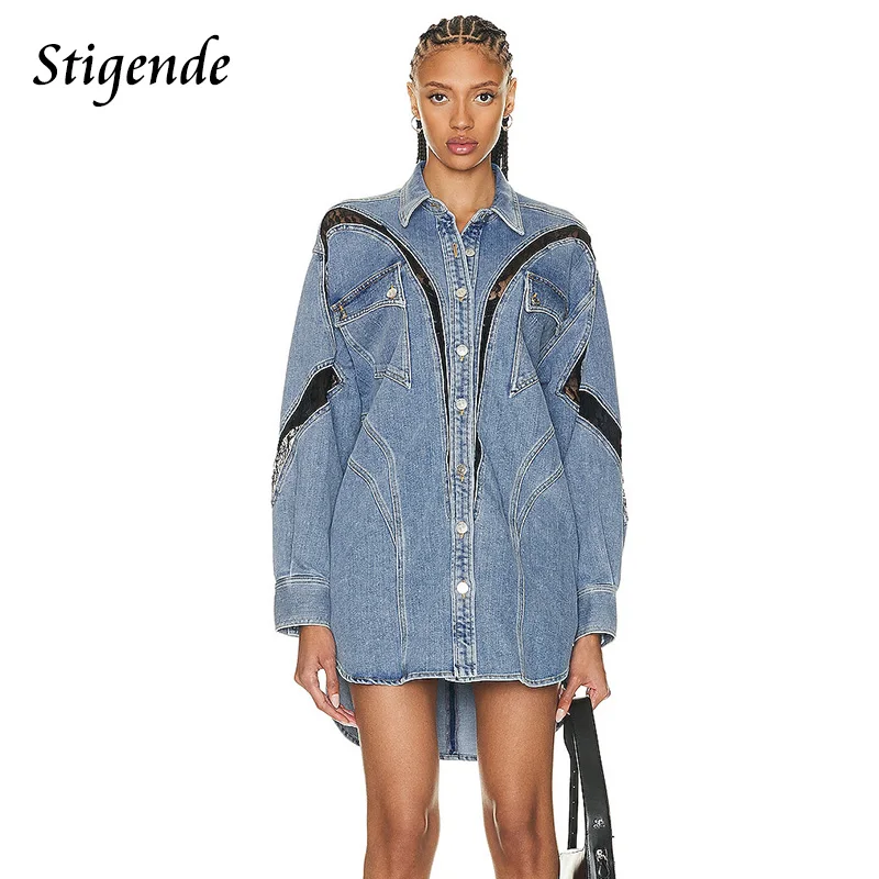 

Stigende Women Sexy Lace Patchwork Long Denim Coat See Through Hollow Out Jean Jacket Turn Down Collar Irregular High Low Tops