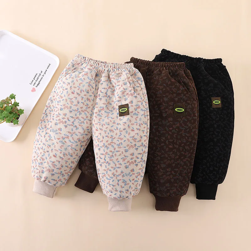 MILANCEL 0-5 Years 2024 New Children's Pants Girls Wheat Ear Printed Thick Trousers Winter Fur Lining Boys Warm Casual Pants