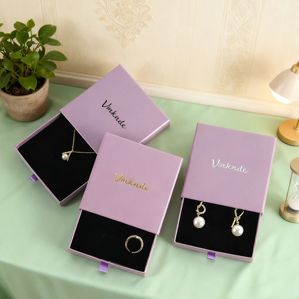 

50Pcs Earrings Ring Box Jewelry Drawer Boxes High Quantity Purple Paper Sliding Cardboard Package Gift Case With Custom Logo