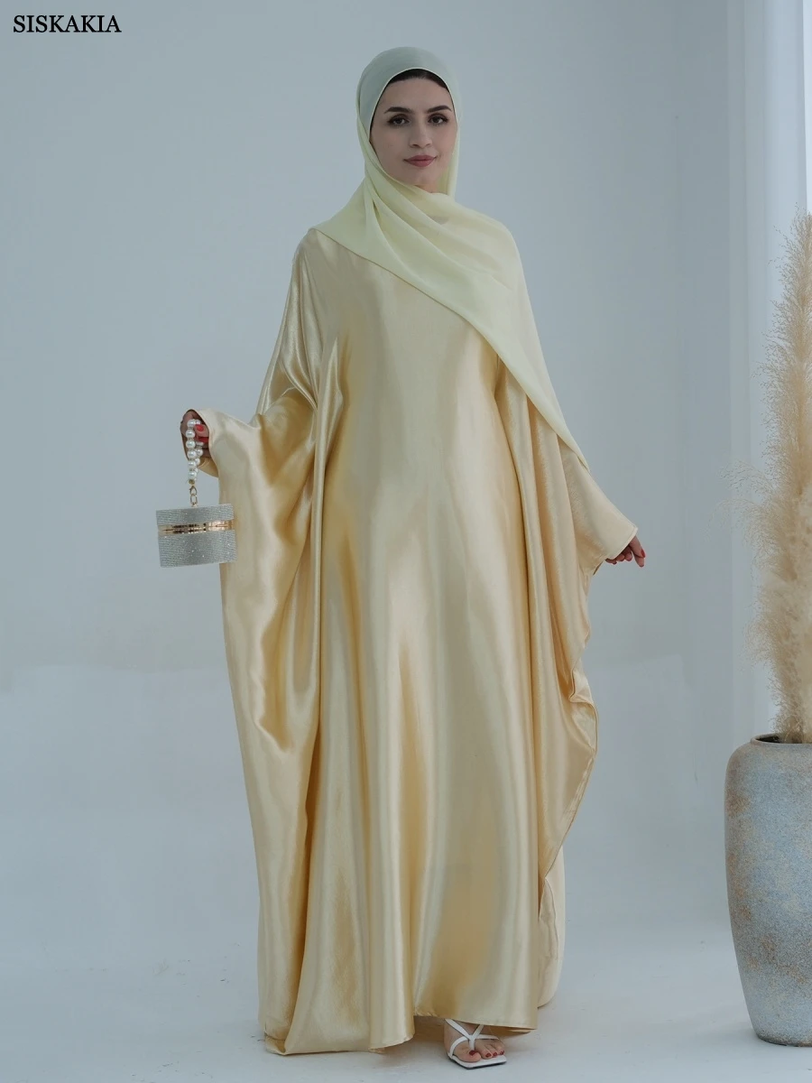 2.Siskakia New Batwing Sleeve Long Modest Dresses Women Solid Abayas Dubai Loose Polyester Kaftan 2025 view 5
