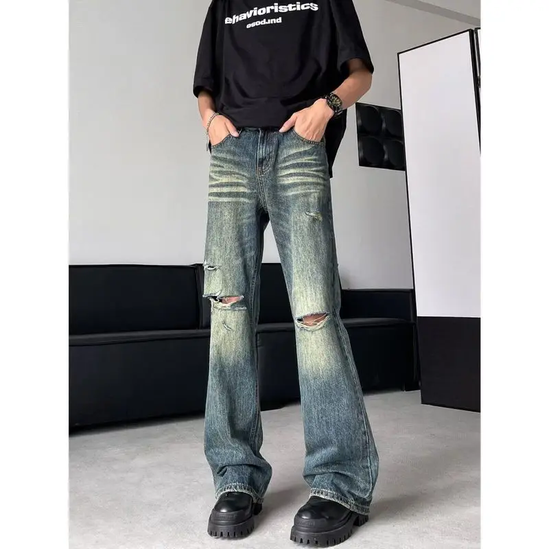

Foufurieux Summer Hole Washed Jeans Men Harajuku High Street Baggy Wide Leg Straight Denim Pants Gothic Distressed Jean Trousers