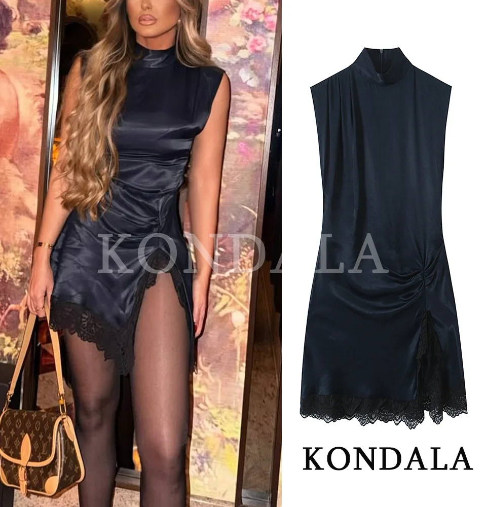 KONDALA Elegantes, halbes Rollkragen-dünnes Kleid für Damen, trendiges Spitzensaum-Satin-Minikleid, 2025, Frühling, Sommer, Mode, Party, Dating-Kleid